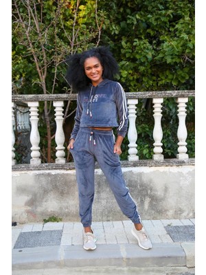 İlkyaz Fashion Kadın Kadife Kapşonlu Eşofman Takım Gri