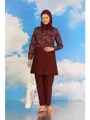 İlkyaz Fashion Kadın Pantolonlu Desenli Tam Tesettür Mayo Bordo