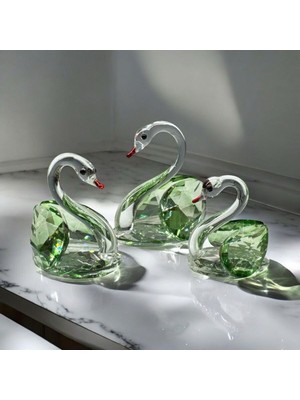 PremiumPort Yeşil Kristal Cam Üçlü Kuğu Dekoratif Set, Zarif ve Şık Ev Süsünüz