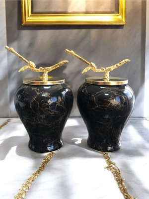 PremiumPort Şah Küp 2’li Gold Dal Zamaklı Siyah Mermer Dekoratif Obje Seti