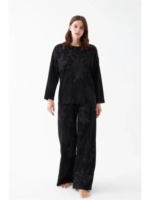 İlkyaz Fashion Kadın Oversize Siyah Çiçek Desenli Pamuklu Kalın Pijama Takımı