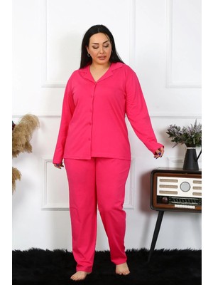 İlkyaz Fashion Kadın Büyük Beden Pamuklu Cepli Düğmeli Fuşya Pijama Takım