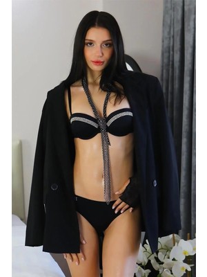 İlkyaz Fashion Kadın Taş Detaylı Push Up Straplez Sütyen Takım Siyah