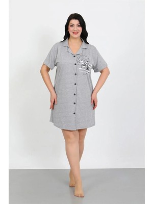 İlkyaz Fashion Büyük Beden Penye Düğmeli Gri Tunik Gecelik