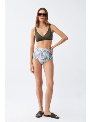 İlkyaz Fashion Kadın Haki Pedli Üst ve Yüksek Bel Çiçek Desenli Bikini Takımı