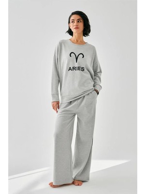 İlkyaz Fashion Kadın Gri Koç Burcu Oversize 2 Iplik Eşofman Ev Giyim Takımı