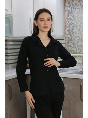 İlkyaz Fashion Kadın Pamuk Penye Önden Düğmeli Uzun Kol Pijama Takım Siyah