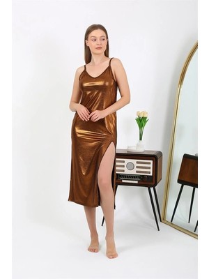 İlkyaz Fashion Kadın Ip Askılı Uzun Parlak Micro Elbise Gecelik Kahverengi