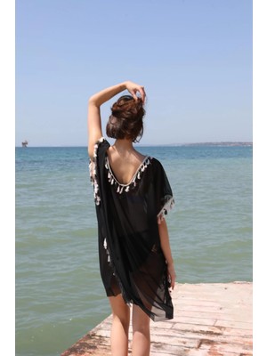 İlkyaz Fashion Kadın Püsküllü Tunik Pareo Plaj Elbisesi Siyah
