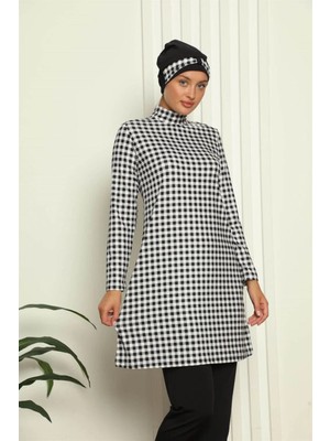 İlkyaz Fashion Tam Tesettür Dijital Desenli Mayo Siyah - Beyaz