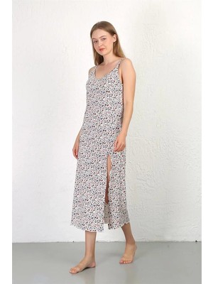 İlkyaz Fashion Ip Askılı Uzun Yırtmaçlı Penye Gecelik Beyaz