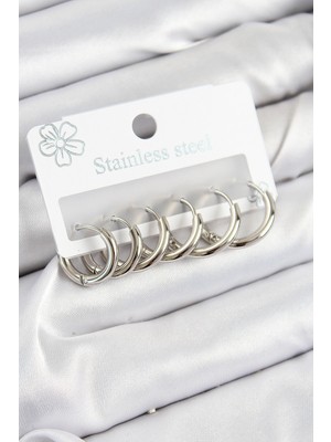 İlkyaz Fashion 316L Çelik Halka Model Gümüş Renk 3'lü Set Kadın Küpe ILKYAZB-RSBJTR34