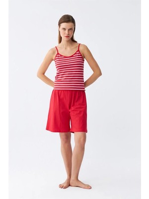 İlkyaz Fashion Kadın Ip Askılı Pamuk Penye Şortlu Takım Kırmızı