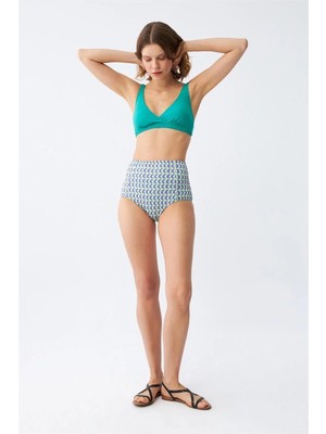İlkyaz Fashion Kadın Yeşil Pedli Geometrik Desenli Yüksek Bel Bikini Takımı