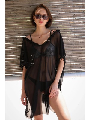 İlkyaz Fashion Kadın Püsküllü Tunik Pareo Plaj Elbisesi Siyah