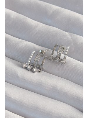 İlkyaz Fashion Pirinç Gümüş Renk Incili Çoklu Zirkon Taşlı Yarım Halka Küpe ILKYAZB-RSBJTR34