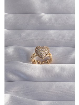 İlkyaz Fashion Pirinç Ayarlamalı Gold Renk Zirkon Taşlı Bombeli Kalp Yüzük ILKYAZB-RSBJTR34