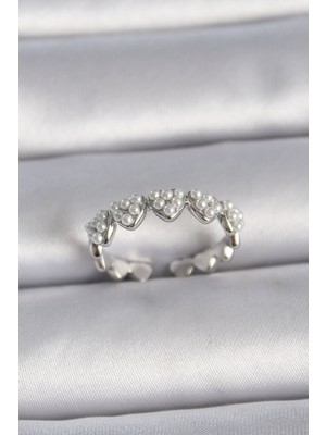 İlkyaz Fashion Pirinç Gümüş Renk Ayarlanabilir Incili Kalp Model Kadın Yüzük ILKYAZB-RSBJTR34