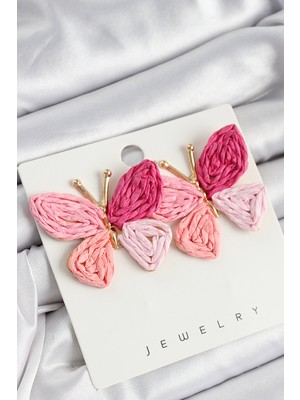 İlkyaz Fashion Pirinç Pembe Kelebek Model Gold Renk Kadın Hasır Küpe ILKYAZB-RSBJTR34