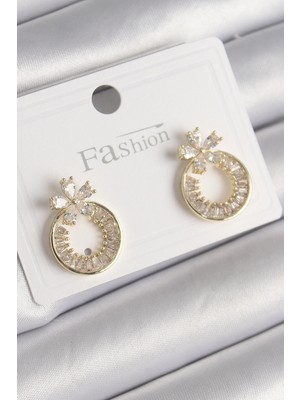 İlkyaz Fashion Pirinç Gold Renk Zirkon Taşlı Halka Model Çiçek Figür Kadın Küpe ILKYAZB-RSBJTR34