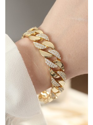 İlkyaz Fashion Vip Seri Pirinç Zirkon Taşlı Gold Renk Gurmet Bileklik ILKYAZB-RSBJTR34