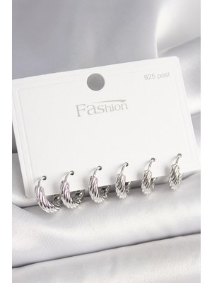 İlkyaz Fashion 925 Ayar Gümüş Çivi Pirinç Gümüş Renk Işlemeli Halka Model Kadın Küpe Seti Ilkyazb-Rsbjt