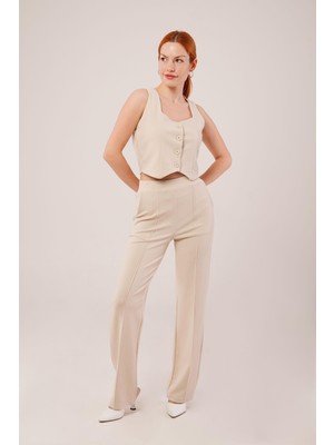 Etiler Collection Kalın Askılı Düğmeli Yelek ve Pantolon Bej Takım