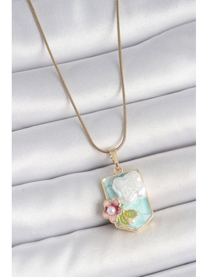 İlkyaz Fashion 316L Çelik Gold Renk Zincir Mavi Mineli Incili Çiçek Işlemeli Portre Model Kadın Kolye Ilkyaz