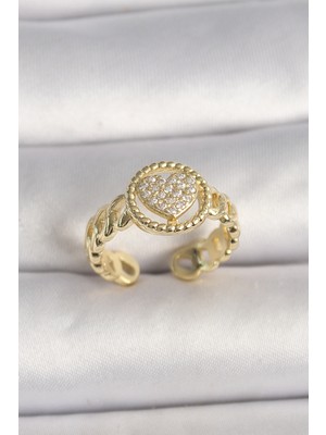 İlkyaz Fashion Pirinç Gold Renk Ayarlanabilir Zirkon Taşlı Kalp Model Kadın Yüzük ILKYAZB-RSBJTR34