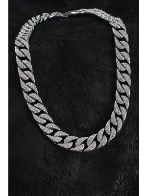 İlkyaz Fashion Pirinç Zirkon Taşlı Cuba Gurmet Model Gümüş Renk Erkek Kolye ILKYAZB-RSBJTR34