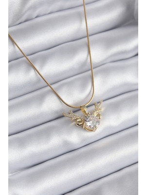 İlkyaz Fashion 316L Çelik Gold Renk Zirkon Taşlı Boynuz Model Kadın Kolye ILKYAZB-RSBJTR34