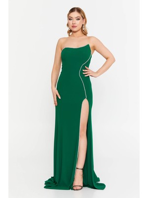 Şeref Vural Kadın Straplez Derin Yırtmaçlı Geniş Beden Aralıklı Uzun Abiye Elbise 8262 Yeşil
