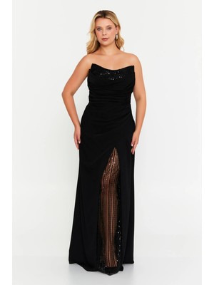 Doridorca Kadın Büyük Beden Straplez Göğsü Taş Işlemeli Uzun Abiye Elbise 7086 Siyah