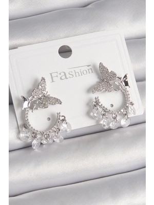 İlkyaz Fashion Pirinç Gümüş Renk Zirkon Taşlı Sallantı Detay Kelebek Model Kadın Küpe ILKYAZB-RSBJTR34