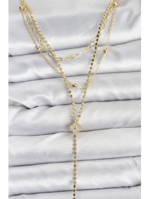 İlkyaz Fashion Pirinç Gold Renk Zirkon Taşlı Yonca Model Detaylı 3'lü Kombin Y Kadın Kolye ILKYAZB-RSBJTR34