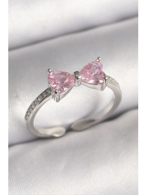 İlkyaz Fashion Pirinç Gümüş Renk Pembe Zirkon Taşlı Kalp Fiyonk Model Kadın Yüzük ILKYAZB-RSBJTR34