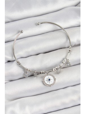 İlkyaz Fashion Pirinç Zirkon Taşlı Pusula Model Gümüş Renk Charm Bileklik ILKYAZB-RSBJTR34