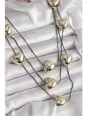 İlkyaz Fashion Pirinç Füme Renk Zincir 3D Gold Renk Kalp Model Kadın Kolye ILKYAZB-RSBJTR34