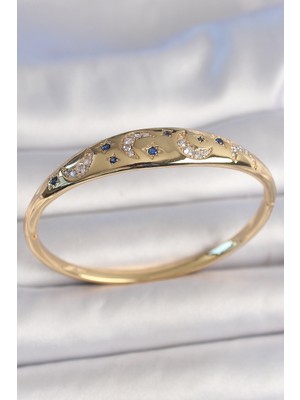 İlkyaz Fashion Pirinç Gold Renk Zirkon Taşlı Hilal Işleme Mavi Taşlı Yıldız Detay Kadın Kelepçe Ilkyazb-