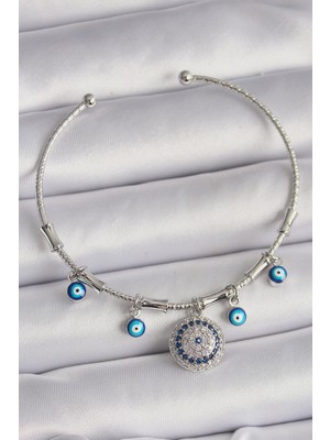 İlkyaz Fashion Pirinç Gümüş Renk Sallantı Zirkon Taşlı Nazar Boncuk Figür Charm Bileklik ILKYAZB-RSBJTR34