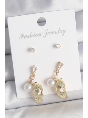 İlkyaz Fashion Pirinç Gold Renk Zirkon Taşlı Incili Sallantılı Işlemeli Damla Model 3 Çift Kadın Küpe Se