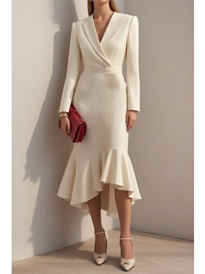 Etiler Collection Kadın Uzun Kollu Yakalı Belden Oturtmalı Midi Ithal Krep Elbise