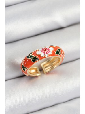 İlkyaz Fashion Pirinç Turuncu Mineli Çiçek Motifli Gold Renk Ayarlanabilir Kadın Yüzük ILKYAZB-RSBJTR34