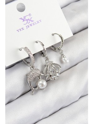 İlkyaz Fashion Pirinç Zirkon Taşlı 3'lü Yunus Balığı ve Istiridye Model Gümüş Renk Kadın Küpe Ilkyazb-