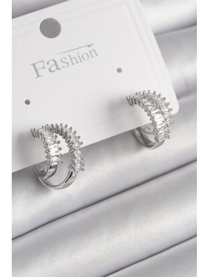 İlkyaz Fashion Pirinç Gümüş Renk 2'li Zirkon Taşlı Halka Model Kadın Küpe ILKYAZB-RSBJTR34