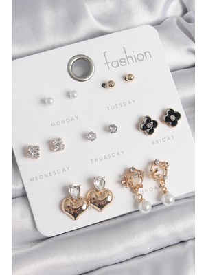 İlkyaz Fashion Pirinç Gold Renk Zirkon Taşlı Kalp Figür Siyah Yonca Detay 7 Çift Kadın Küpe Seti Ilkyazb-Rsb