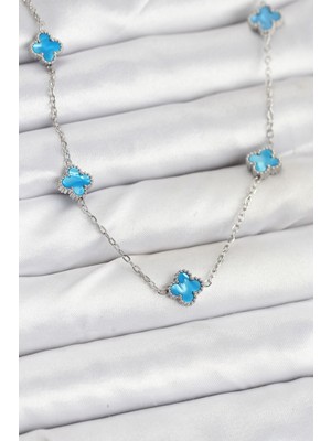 İlkyaz Fashion 316L Çelik Zincir Gümüş Renk Buz Mavisi Baby Boy Yonca Kadın Kolye ILKYAZB-RSBJTR34