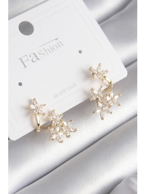 İlkyaz Fashion Pirinç Gold Renk Zirkon Taşlı Çiçek Tasarım Kadın Küpe ILKYAZB-RSBJTR34
