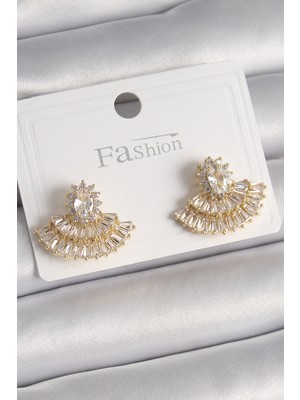 İlkyaz Fashion Pirinç Gold Renk Zirkon Taşlı Yelpaze Model Kadın Küpe ILKYAZB-RSBJTR34