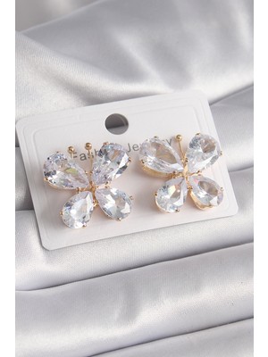 İlkyaz Fashion Pirinç Gold Renk Zirkon Taşlı Kelebek Model Kadın Küpe ILKYAZB-RSBJTR34